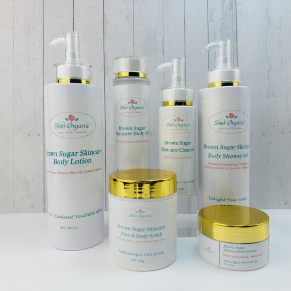 Sha's Brown Sugar Body Set Include Body Shower Gel, Body Lotion, Cleanser, Body oil, Body Scrub, Face Cream Body Care Moisturize