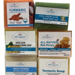 Sha's Organic Skincare Brightening and Glowing Correctional Soap Package Set of 6 with Kojic Acid Vitamin B C & E for Radiant Skin Tone Antibacterial Natural Milk Carrot Nourishing Turmeric Cleansing Shea