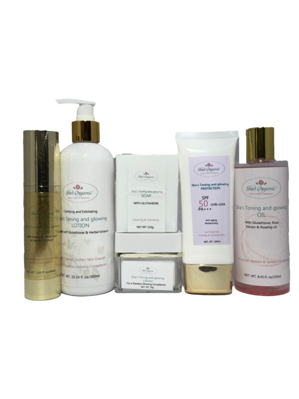 Sha's Toning and Glowing Skincare Package Set with SPF 50 Toner No Alcohol Moisturizes Serum Revitalizes Soap Brightening Glutathione Glycerin Jojoba Kit Shea Comfort Hydrate